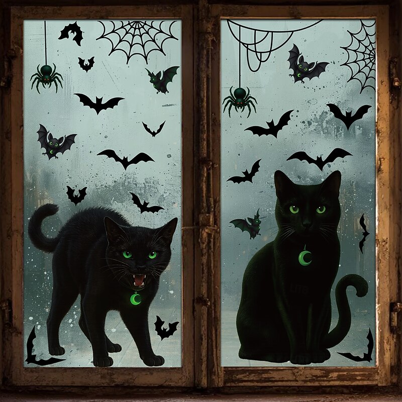4 Sheets Halloween Window Cling Wall Sticker Decals Decorations, Spider Webs, Bats & Black Cats, Static Cling, Halloween Storefront & Home Decor3