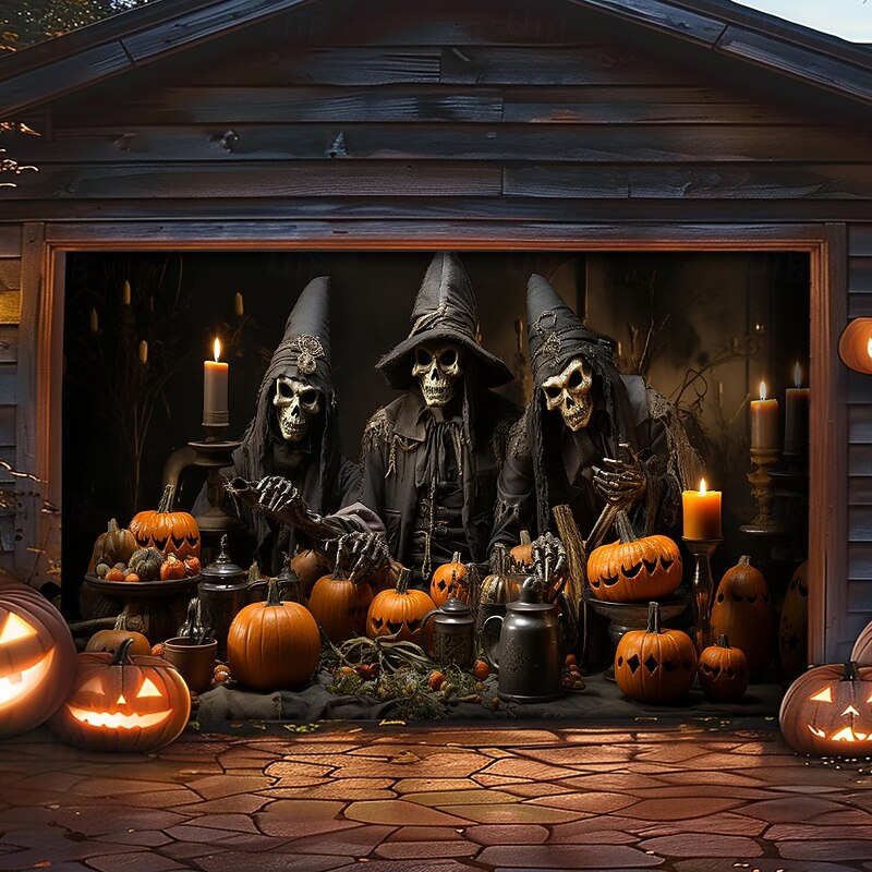 Halloween Tapestry Garage Door Cover Large Hanging Backdrop Pumpkin Witch Dark Punk Gothic Style Party Outdoor Shooting Backgrounds Front Door Home Decor
