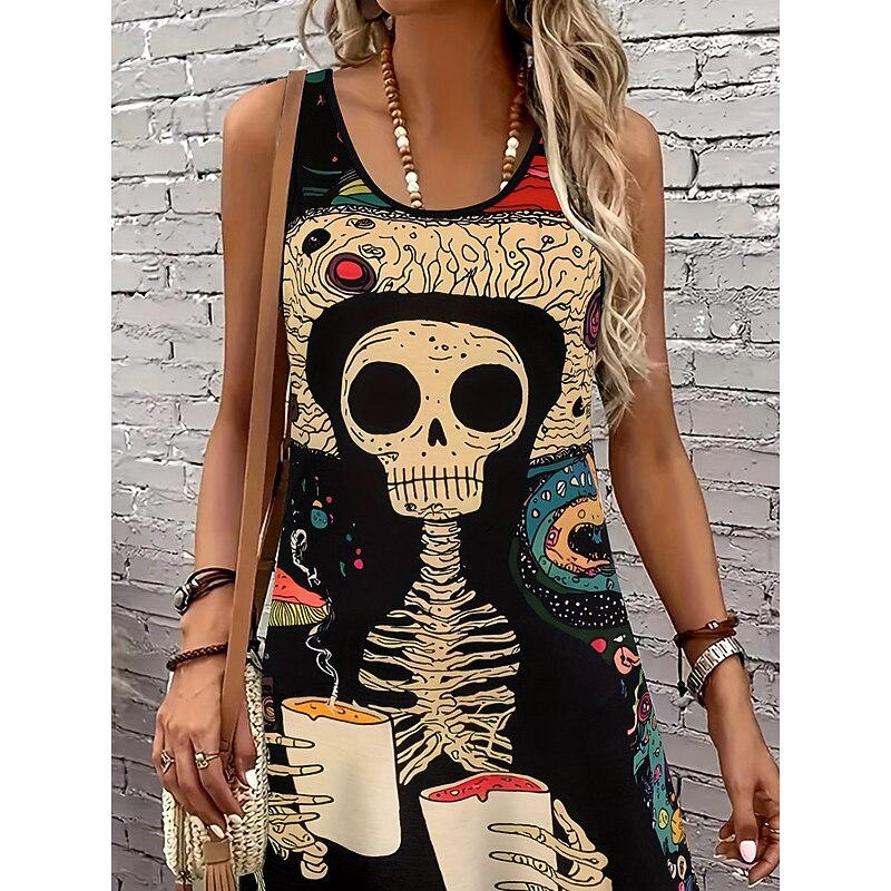 Halloween Women's Knee Length Dress Casual Dress A Line Dress Vintage Stylish Casual Home Party Beach Regular Fit Graphic Skull Sleeveless U Neck Scoop Neck Black Summer Spring Fall3