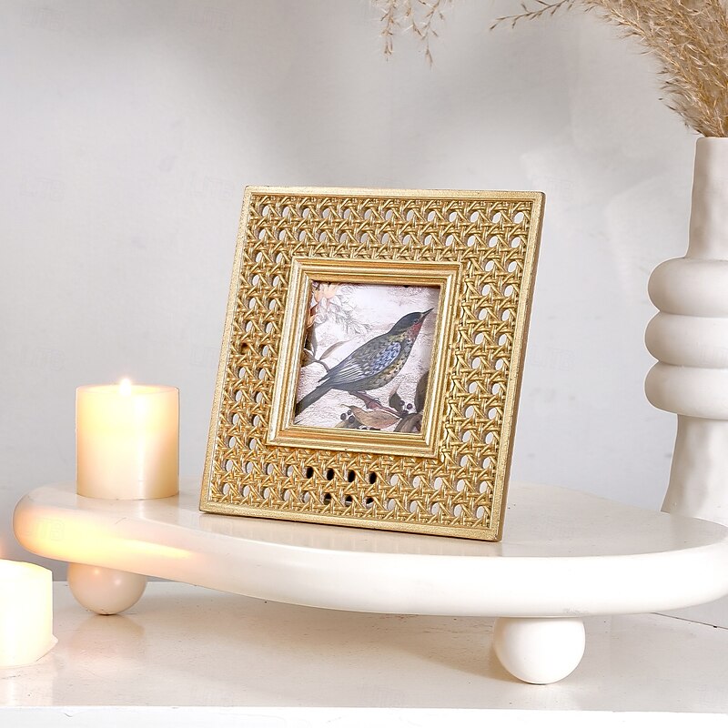 1PC A Square Decorative Photo Frame With a Golden Rattan Woven Pattern and A Resin Material Photo Display Frame Suitable for Family Photo Decoration and Display3