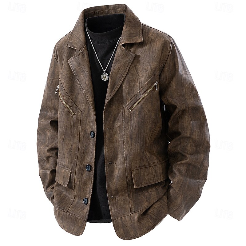 Men's Faux Leather Jacket Motorcycle Jacket Outdoor Casual Windbreaker Full Zip Fall Winter Solid Color Punk Active Regular Black Brown Jacket