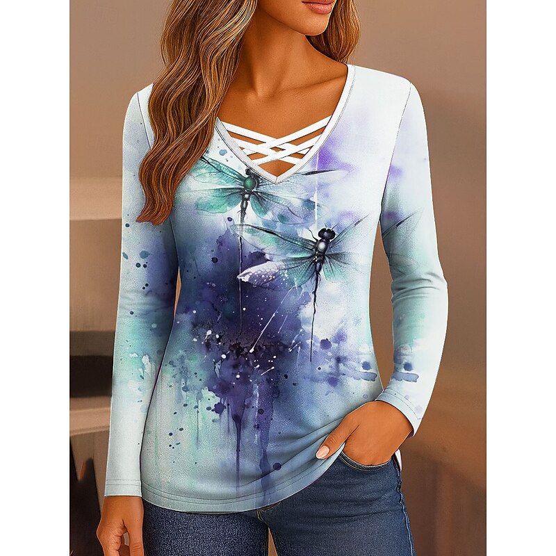 Women's T Shirt Graphic Letter Dragonfly Vintage Stylish Classic Long Sleeve V Neck Regular Tops Daily Cut Out Print Blue Purple Green Spring Fall4