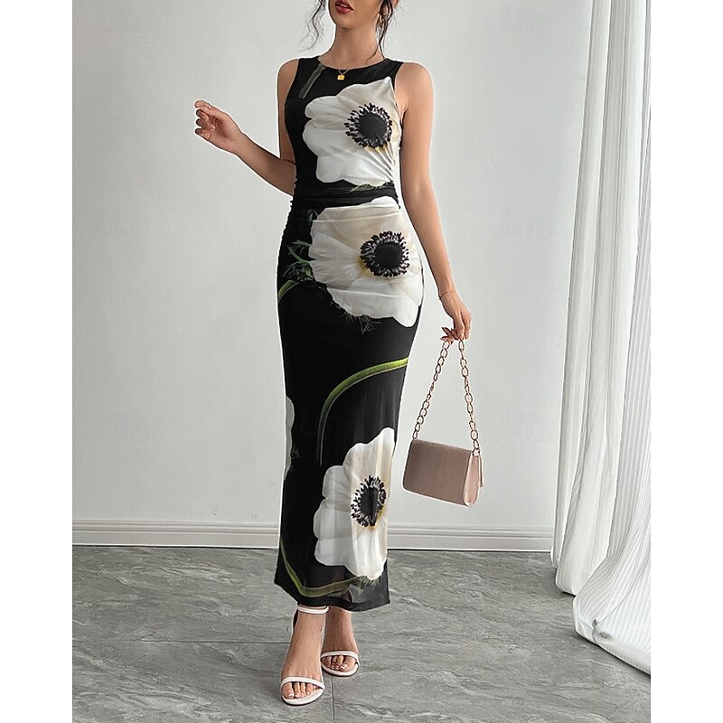 Women's Midi Dress Floral Dress Print Dress Fashion Modern Outdoor Holiday Going out Regular Fit Flower Sleeveless Crew Neck Black Fall3