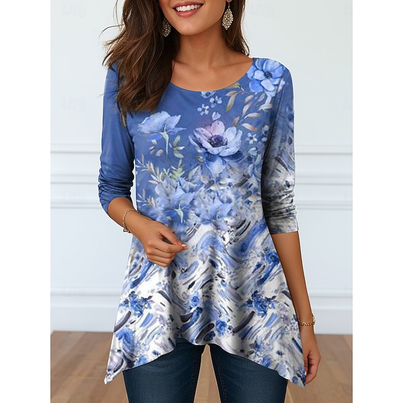 Women's Tunic Floral Graphic Elegant Vintage Casual Long Sleeve Crew Neck Long Tops Daily Weekend Print Black Blue Brown Green Spring Fall Winter Prefall