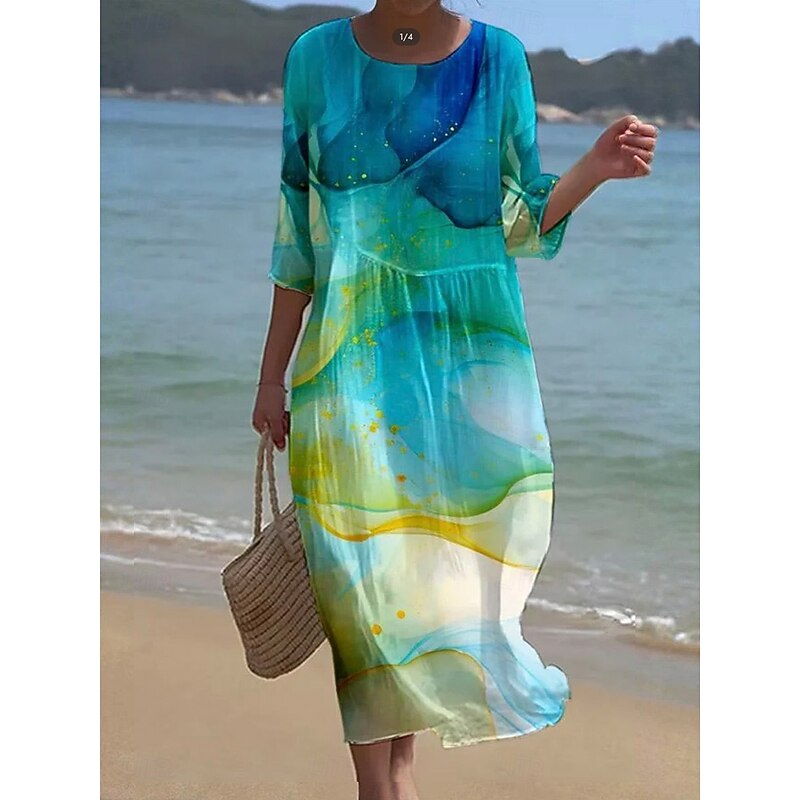 Women's Maxi Dress Kaftan 3/4 Length Sleeve Crew Neck Casual Shift Dress A Line Dress Dress Boho Daily Holiday Date Graphic Abstract Sky Blue Green Dark Blue Peacock Blue Spring3