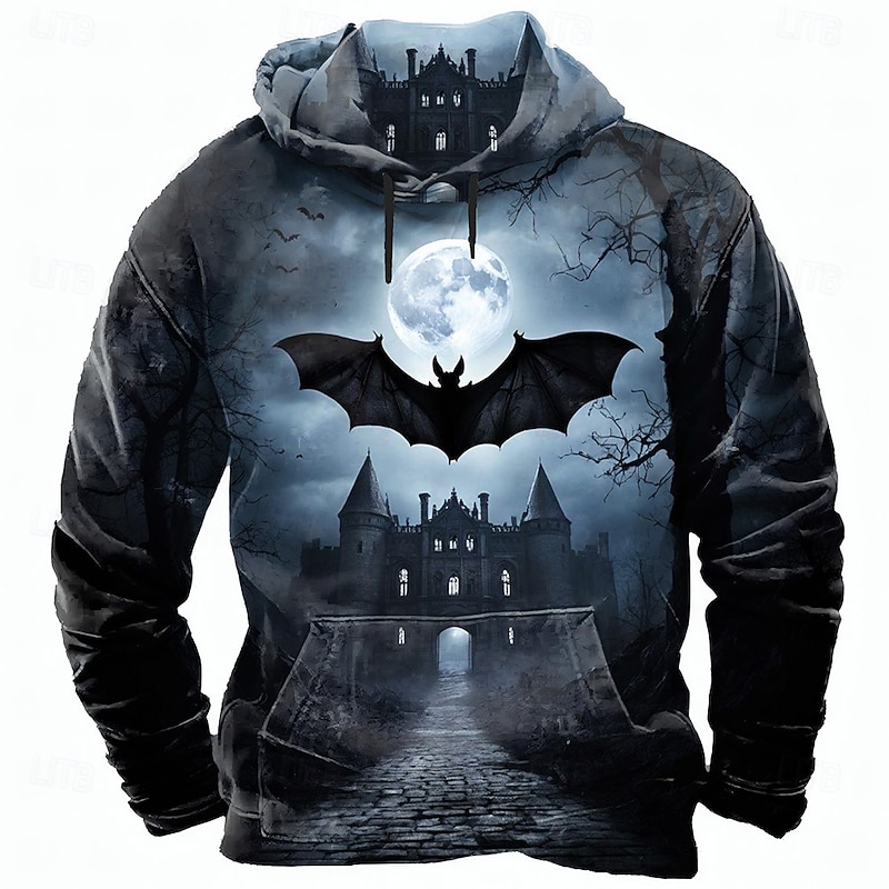 Halloween Men's Bat Castle Sweatshirt Punk Exaggerated Long Sleeve Crew Neck Club Streetwear Blue Purple Drawstring Fall Winter Designer