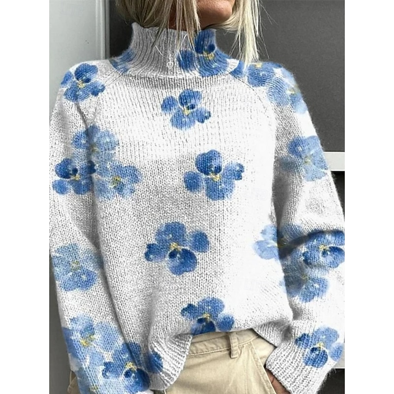 Women's Pullover Vacation Daily Graphic Tree Christmas Bell Ribbed Turtleneck Print Long Sleeve Regular Tops Knit Outdoor Daily Holiday Royal Blue Blue Fall Winter3