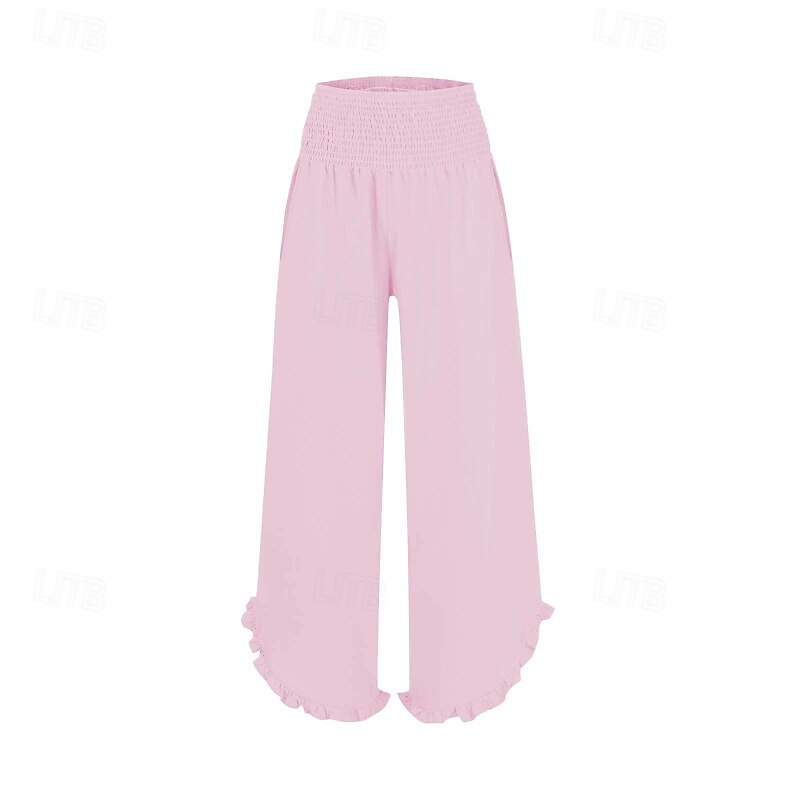 Women's Cotton Linen Pants Wide Leg Slacks Streetwear Casual Full Length Natural Plain Elastic Waist Comfortable Street Holiday Daily Wear claret Orange red Spring Grass Green Yellow Fall Regular Fit2