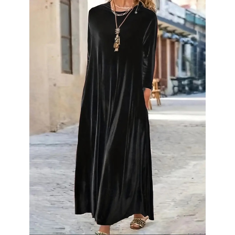 Women's Maxi Dress Black Dress Graduation Dress Cocktail Dress Formal Dress Party Birthday Formal Wedding Party Office Loose Fit Plain Long Sleeve Crew Neck Black Red Purple Green Spring Fall Winter