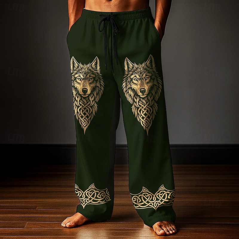 Men's Trousers Baggy Pants Casual Pants Elastic Drawstring Waist Linen-Like Pants with Pockets Wolf Totem Outdoor Holiday Retro Vintage Black Dark Green Inelastic