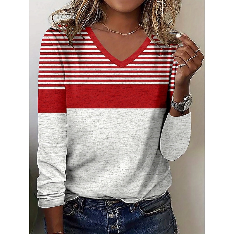 Women's T Shirt Graphic Geometric Color Block Vintage Stylish Classic Long Sleeve V Neck Regular Tops Daily Print Red Summer Spring Fall