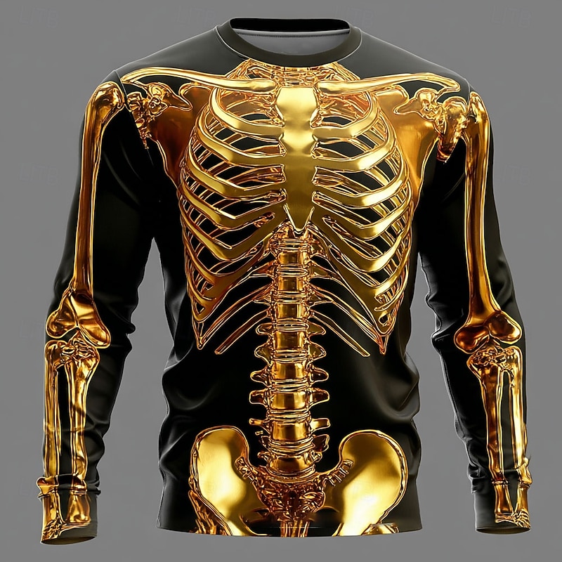 Halloween Men's 3D Metallic Skeleton T Shirt Long Sleeve T shirt 3D Print Crew Neck Shirt Fashion Exaggerated Street Casual Daily Blue Gold Green Summer Spring Fall Clothing Apparel S M L XL XXL XXXL