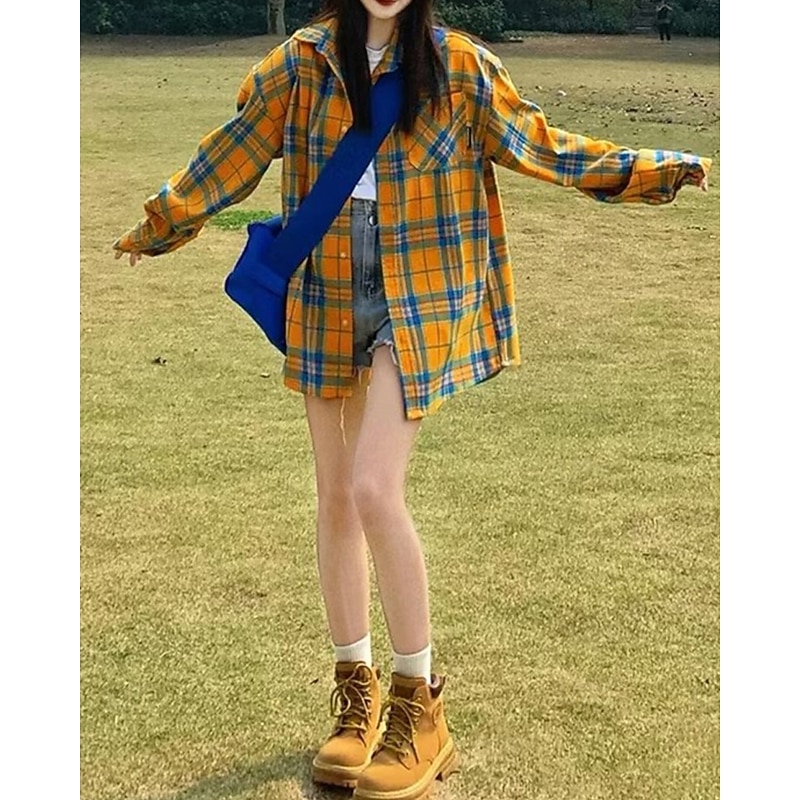 Women's Shirt Blouse Plaid Casual Long Sleeve Shirt Collar Regular Tops Holiday Going out Buttons Yellow Fall