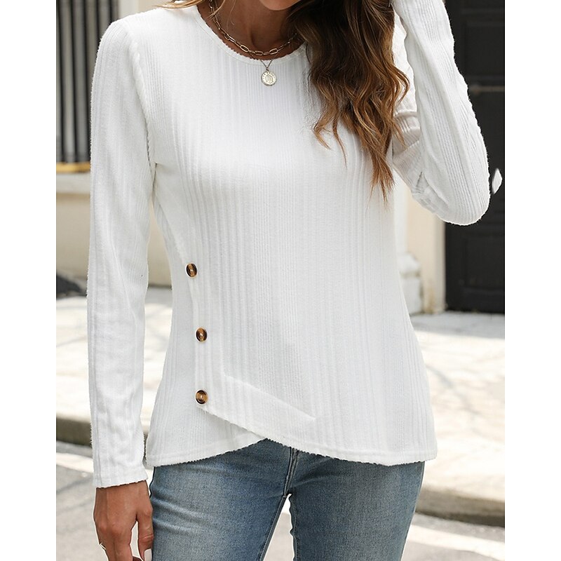 Women's Texture Blouse T Shirt Tee Top Plain Fashion Modern Long Sleeve Crew Neck Regular Tops Daily Going out Buttons Black White Pink Blue Orange Spring Fall3