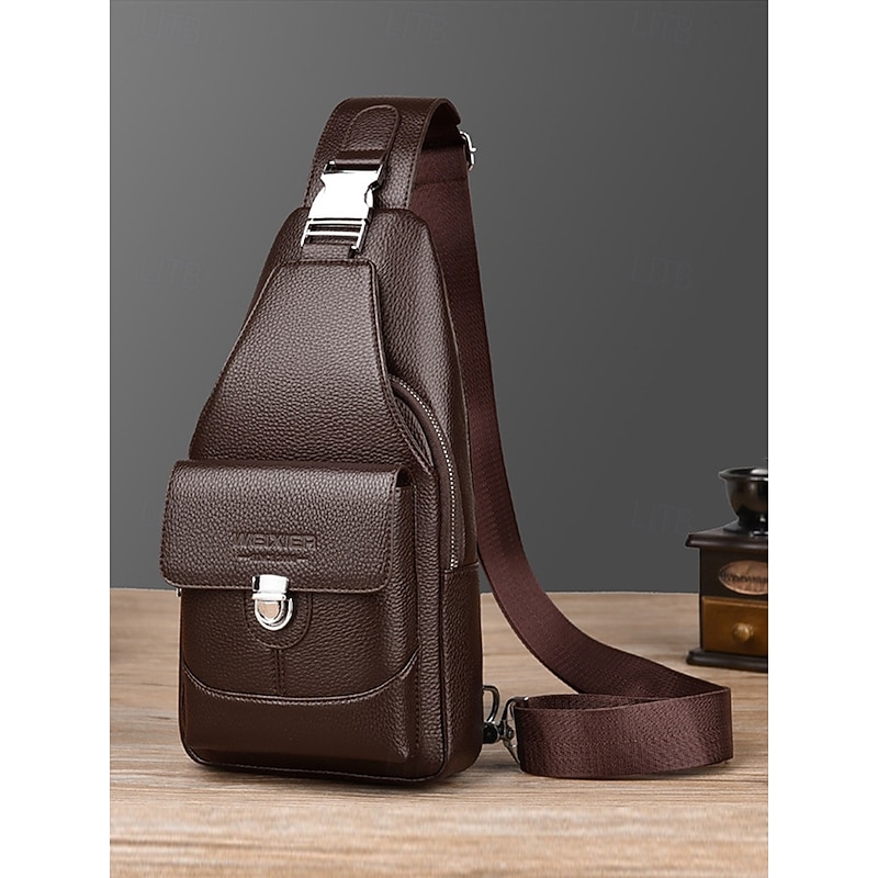 Men's Brown Black Faux Leather Crossbody Sling Bag – Water-Repellent Scratch-Resistant Chest Shoulder Pack for Casual, Travel, and Outdoor Use