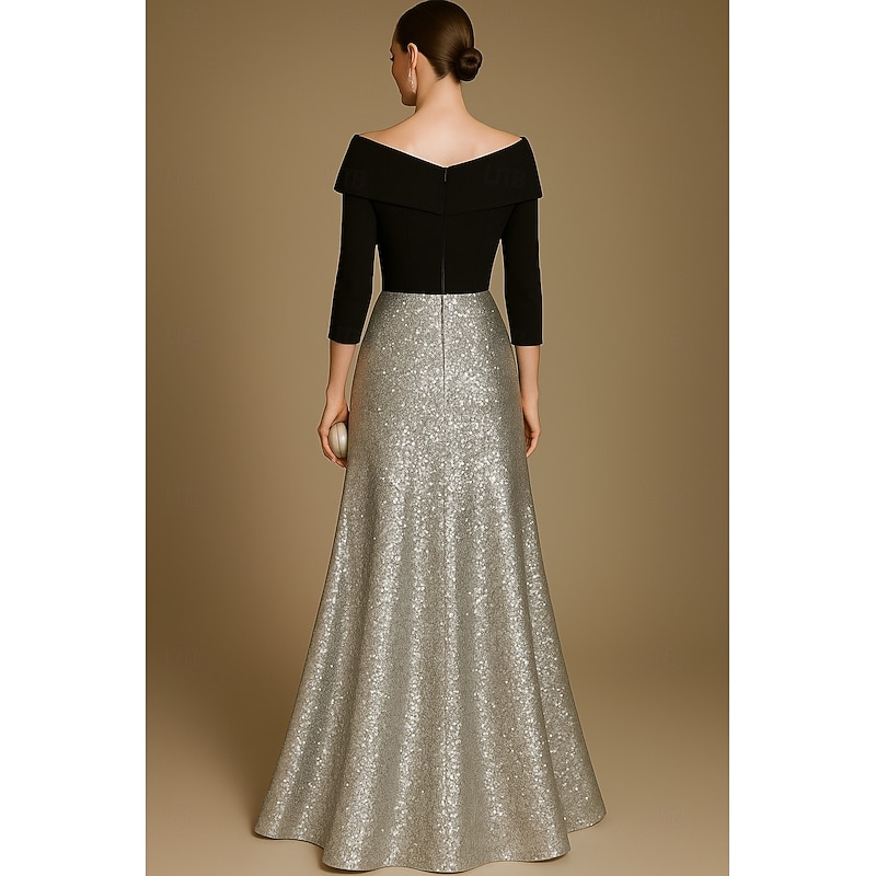 Black Gold Sequined A-Line Evening Gown Elegant Dress Formal Wedding Floor Length Half Sleeve Off Shoulder Velvet with Glitter 20253