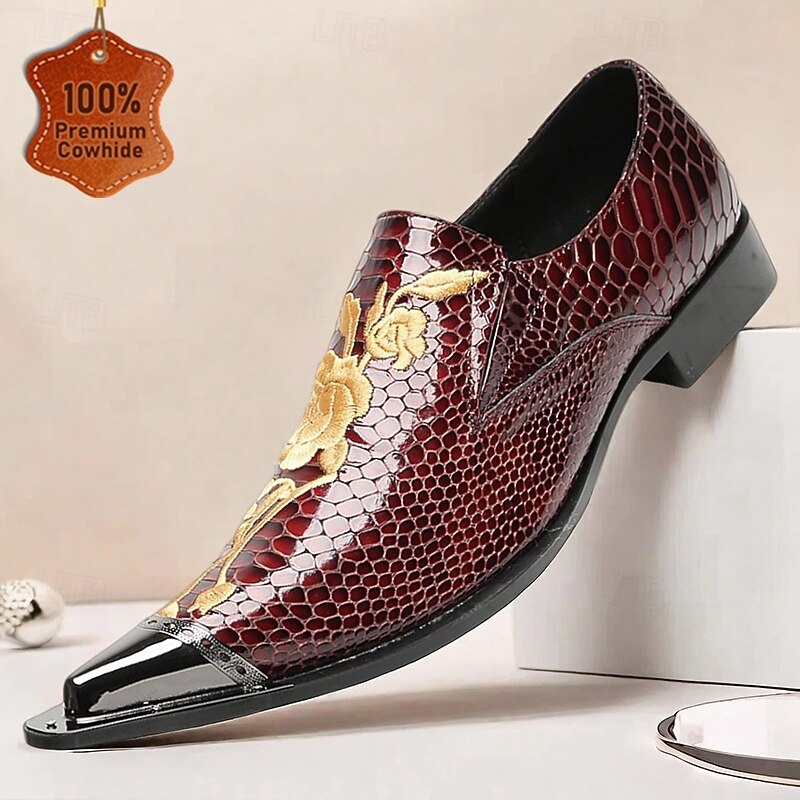Men's Burgundy Crocodile Pattern Leather Dress Shoes, Luxury Pointed Toe Loafers with Floral Embroidery for Weddings, Parties and Formal Occasions