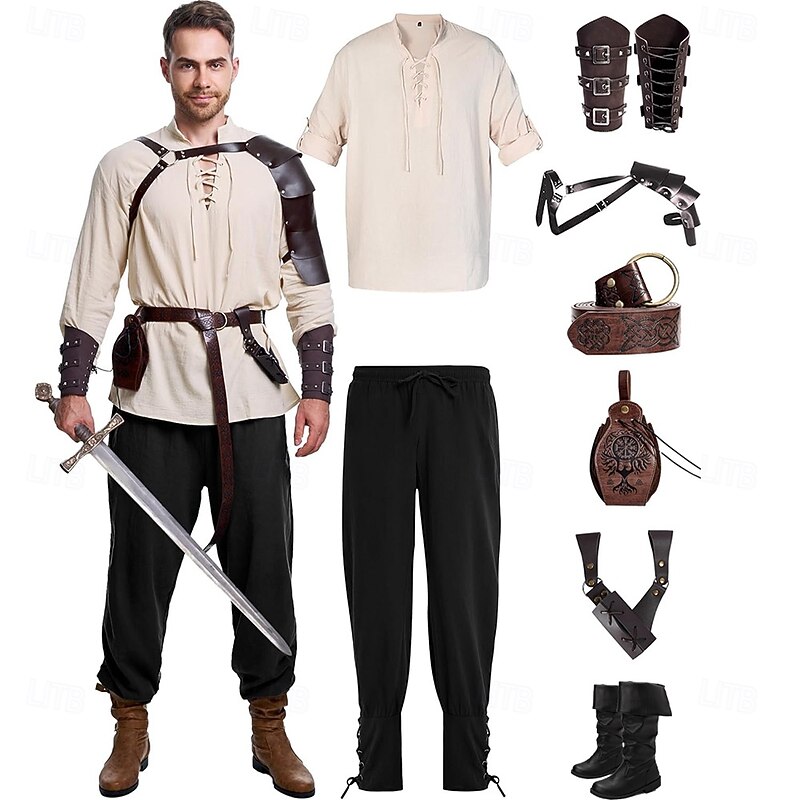 Retro Vintage Medieval Renaissance Pants Cosplay Costume Boots Fancy Dress Men's Viking Fantasy Halloween Carnival Masquerade Carnival Performance LARP Adults' Shirt Pants Belt - Main Image