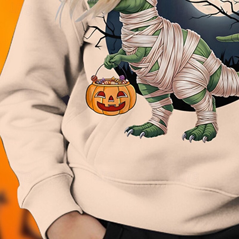 Halloween Girls' 3D Pumpkin Dinosaur Hoodie Long Sleeve Fall Winter Fashion Adorable Basic Kids 4-12 Years Hooded Outdoor Casual Daily Regular Fit4