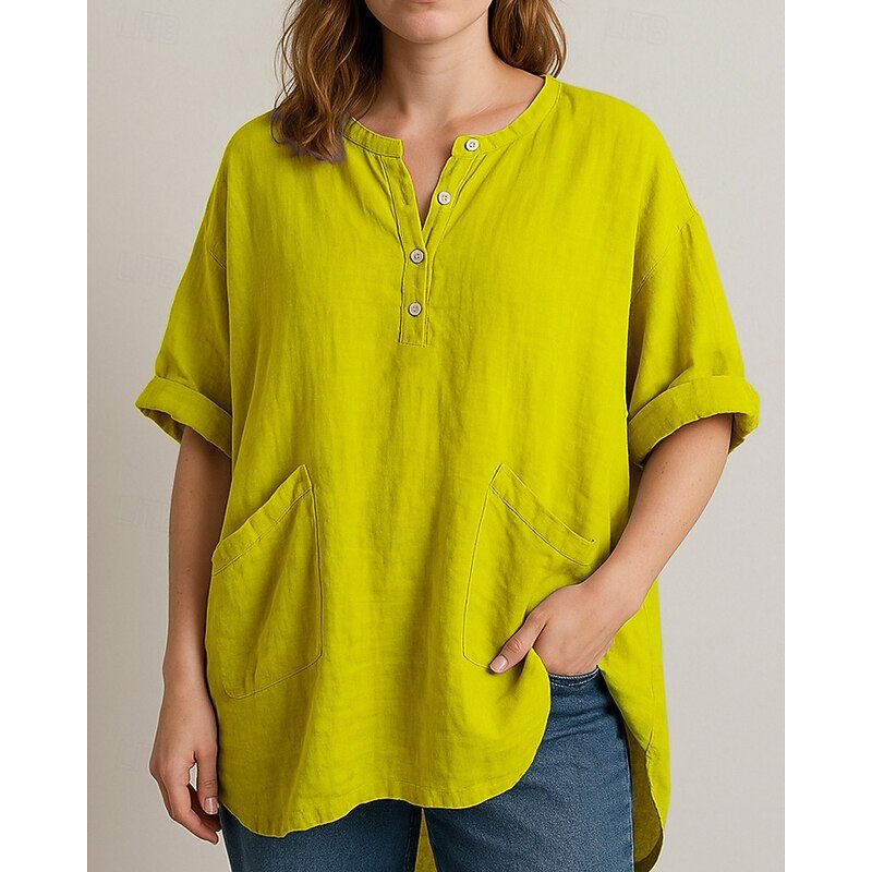 Women's Shirt Blouse Plain Modern Casual 3/4 Length Sleeve V Neck Regular Tops Daily Going out Pocket Asymmetric Hem Yellow Sky Blue Purple Khaki Fall4