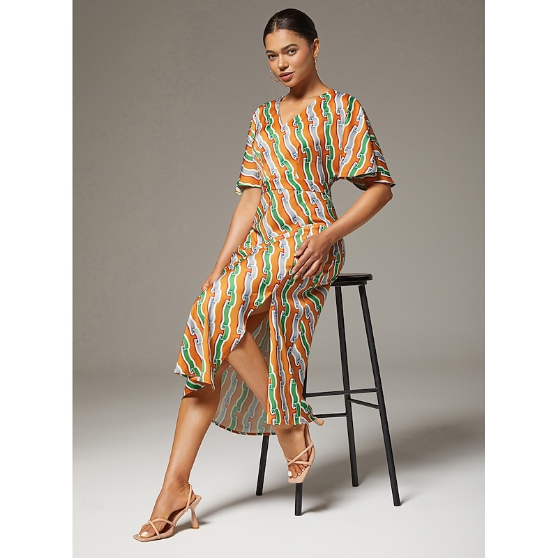 V Neck Side Slit Ripple Print Dress