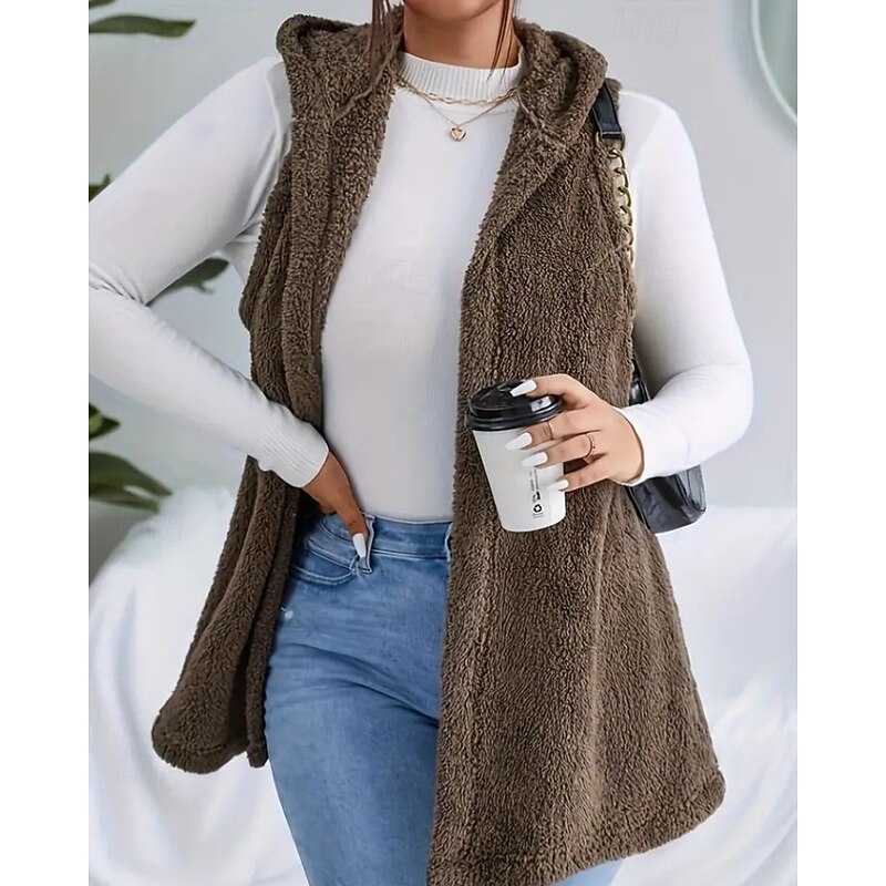 Women's Vest Warm Comfortable Pocket Casual Plain Holiday Daily Wear Open Front Regular Hooded Regular Fit Sleeveless Outerwear Coffee Fall Winter4