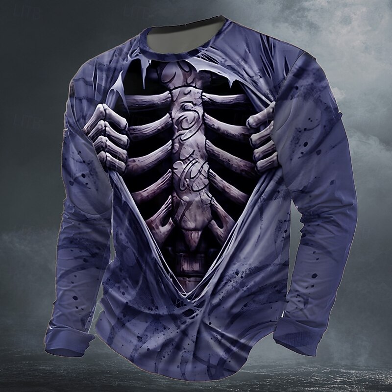Halloween Day of the Dead Skull Men's 3D Skeleton T Shirt Long Sleeve T shirt 3D Print Crew Neck Shirt Fashion Exaggerated Street Daily Purple Green Dark Gray Summer Spring Fall Clothing Apparel2