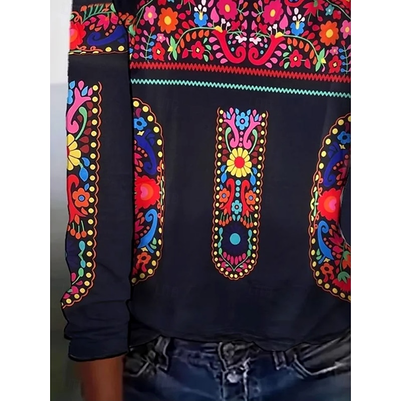 Women's T Shirt Floral Graphic Tribal Vintage Fashion Stylish Long Sleeve Crew Neck Round Neck Regular Tops Daily Weekend Print Red Spring Fall Winter3