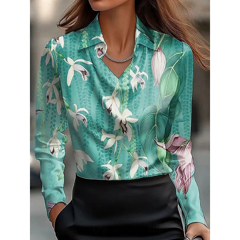 Women's Shirt Dressy Tops Formal Work Shirt Floral Graphic Elegant Stylish Casual Long Sleeve Cowl Neck Regular Tops Work Party Evening Wear Daily Ruched Draped Yellow Pink Green Gray Summer Fall2