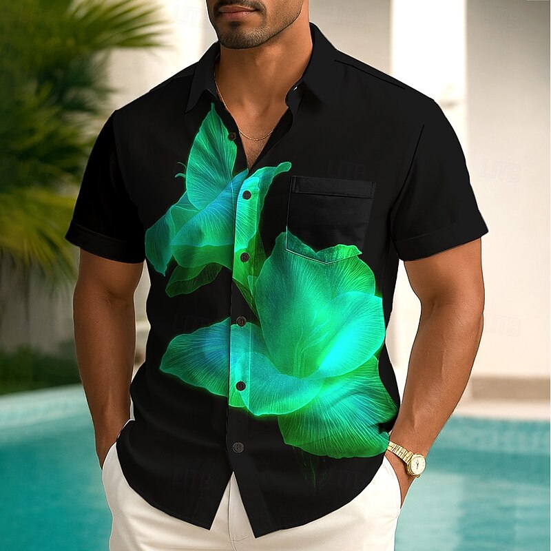 Men's Floral Print Neon Flowers Shirt Summer Shirt Button Up Shirt Short Sleeve Fashion Casual Outdoor Vacation Dailywear Summer Spring Turndown 3D Print Collared Shirts Front One Pocket Pink Blue