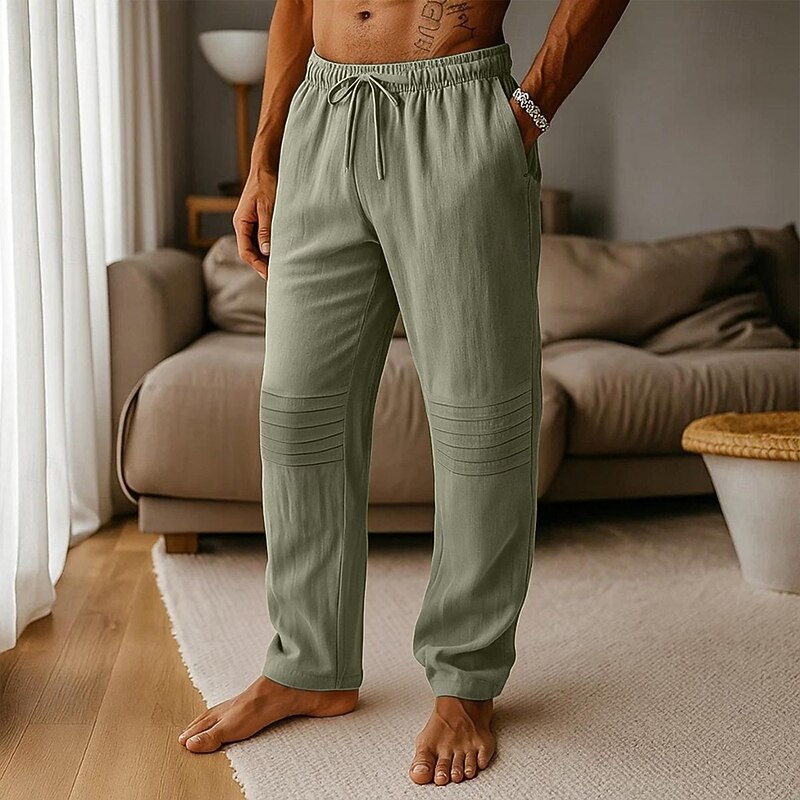 Men's Linen Pants Trousers Summer Pants Baggy Pants Elastic Waist Pleats Straight Leg Plain Comfort Breathable Full Length Outdoor Casual Daily Vacation Fashion Black White Inelastic4