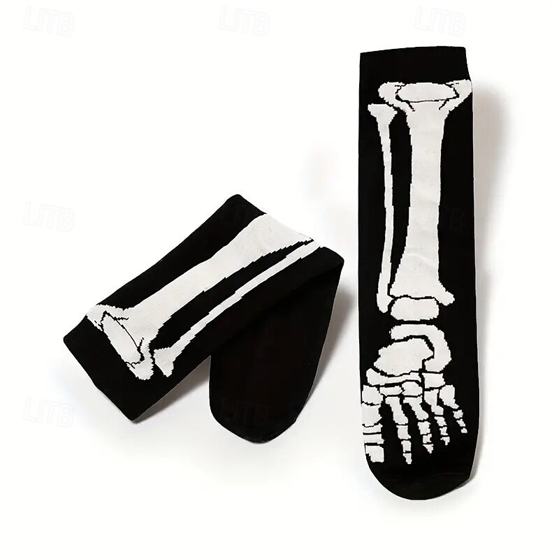 Halloween Skull Cartoon Print Socks, Unisex Mid-Calf Casual Socks for Autumn and Winter, Moisture-Wicking Comfortable Hosiery4