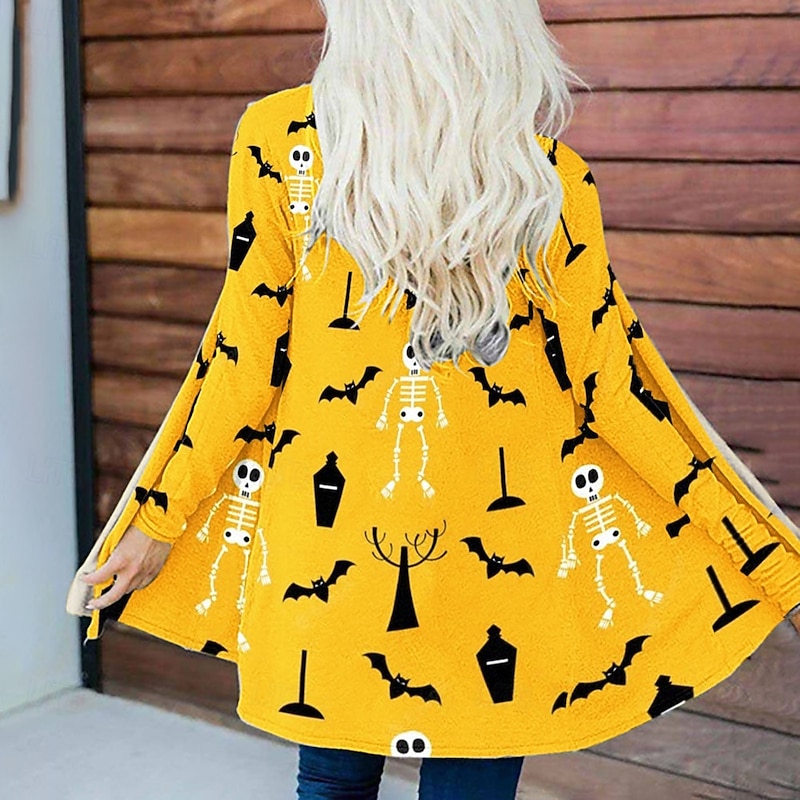 Halloween Women's Casual Jacket Pumpkin Warm Comfortable Irregular Hem Open Front Elegant Vintage Modern Skull Street Casual Athleisure Daily Long Collarless  Long Sleeve Outerwear Light Yellow2