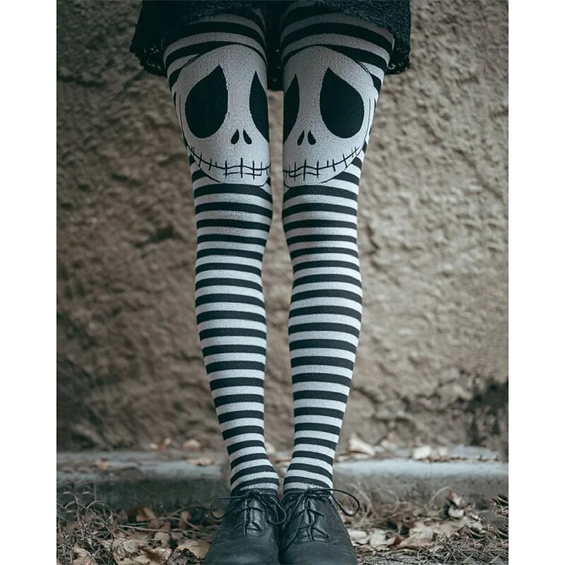 Women's Pants Trousers Leggings Cozy Leggings Streetwear Casual Full Length High Waist Skull Stripe Elastic Waist Print Breathability Comfortable Stretchy Vacation Street Daily Wear White Spring Fall