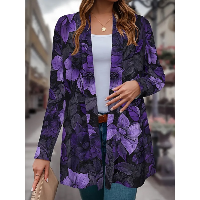 Women's Winter Coat Trench Coat Lightweight Comfortable Print Open Front Vintage Fashion Casual Floral Vacation Casual Long Collarless Regular Fit Long Sleeve Outerwear Purple Green Spring Fall2