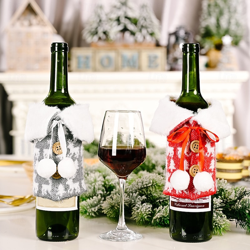 2Pcs Christmas Wine Bottle Covers, White Collar Printed Burlap Wine Bottle Sleeves, Holiday Rustic Wine Bottle Decorations