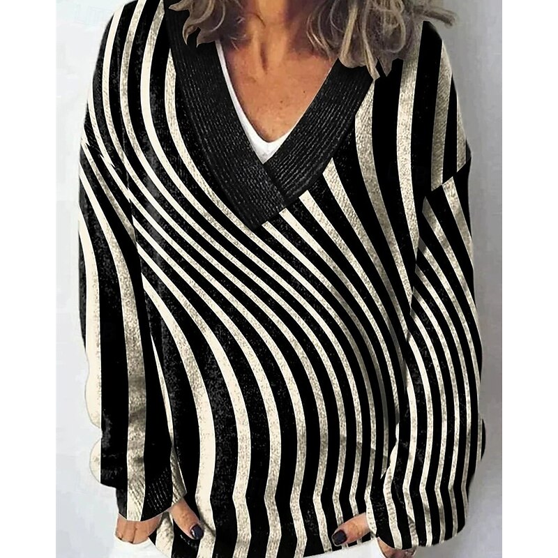 Women's Sweater Fashion Color Block Ribbed V Neck Knitted Long Sleeve Regular Tops Knit Holiday Going out Weekend Black Winter