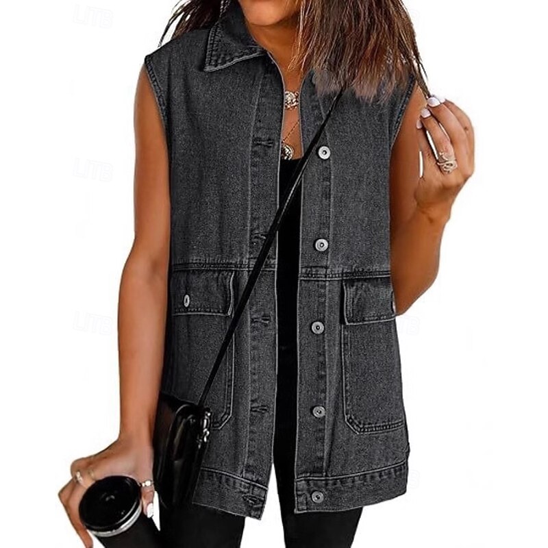 Women's Vest Comfortable Pocket Buttons Casual Plain Street Weekend Single Breasted Regular Turndown Regular Fit Sleeveless Outerwear Light Blue Black Grey White Fall3