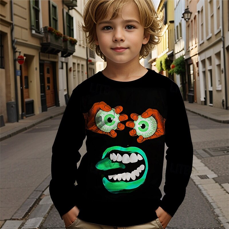 Boys' Cartoon Funny Smile Face T shirt Tee Long Sleeve 3D Print Fall Winter Fashion Basic Kids 4-12 Years Crew Neck Outdoor Casual Daily Regular Fit3