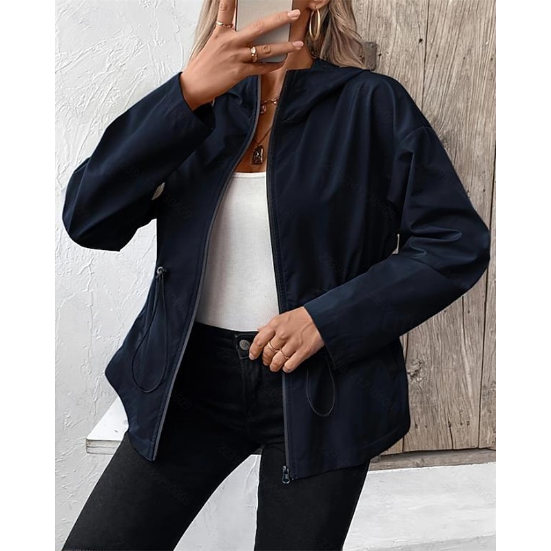 Women's Casual Jacket Waterproof Rain Jackets Rain Coats Waterproof Windproof Zipper Pocket Fashion Outdoor Plain Going out Weekend Zipper Regular Hooded Regular Fit Long Sleeve Outerwear Black Dark4
