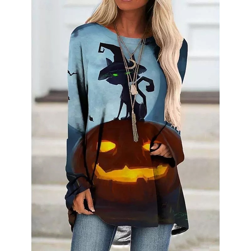 Halloween Women's T shirt Witch Graphic Animal Pumpkin Vintage Stylish Classic Long Sleeve Crew Neck Round Neck Long Tops Daily Print Black Yellow Blue Orange Spring Fall