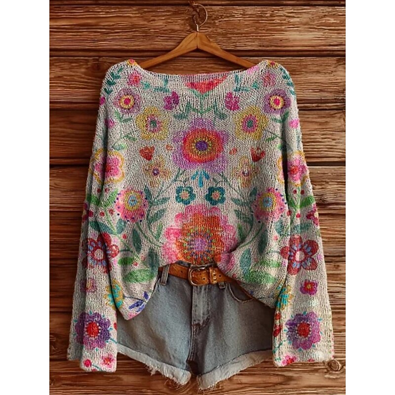 Women's Sweater Casual Floral Stylish Modern Long Sleeve Crew Neck Soft Regular Tops Daily Holiday Print Pink Red Purple Khaki Spring Fall Winter2