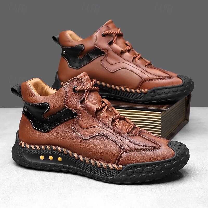 Men's Brown Faux Leather High-Top Casual Sneakers with Non-Slip Rubber Sole – Comfortable Lace-Up Sport Shoes for Outdoor Walking, Travel and Everyday Wear2