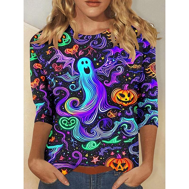 Halloween Women's T shirt Witch Long Sleeve Graphic Animal Cat Vintage Fashion Stylish Long Sleeve Half Sleeve Crew Neck Round Neck Regular Tops Daily Weekend Print Purple Orange Spring Fall Prefall4