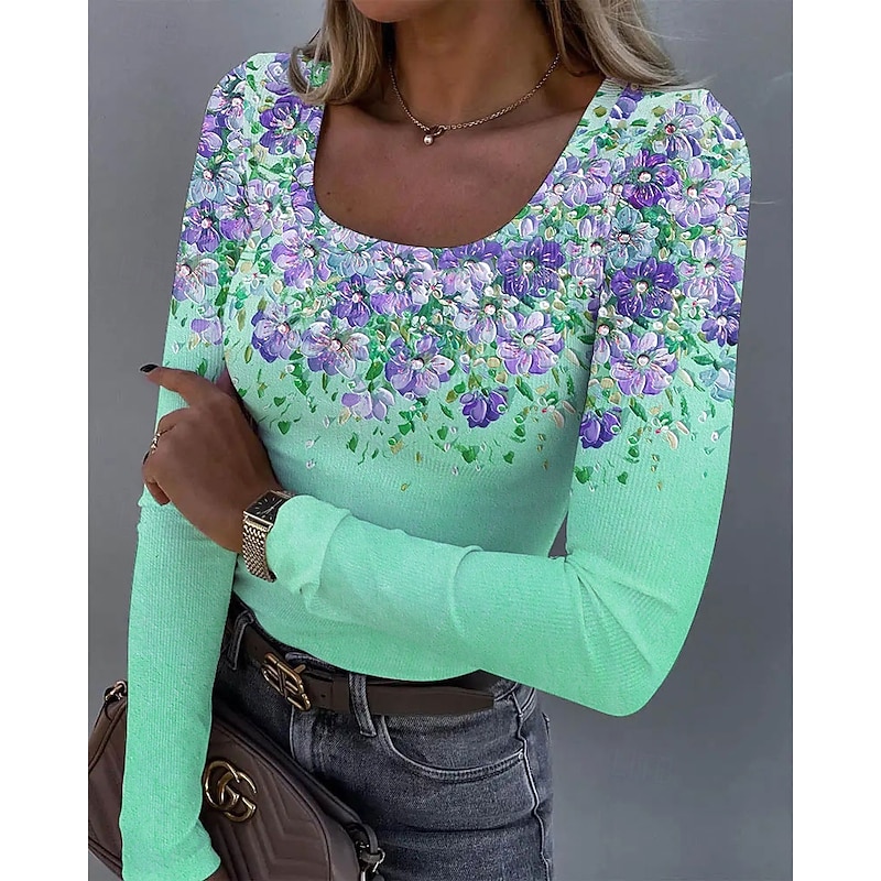Women's T Shirt Ribbed Graphic Square Neck Long Sleeve Casual Tunic Floral Plants Vintage Stylish Regular Tops Daily Print Pink Blue Orange Green Summer Spring Fall4