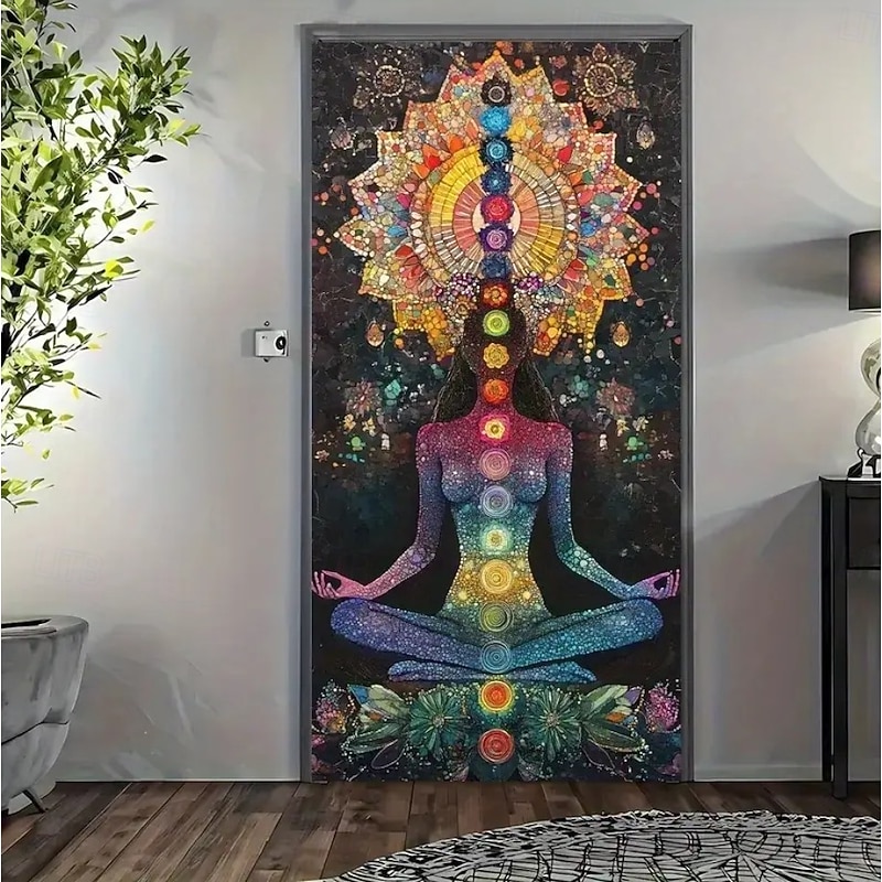 Door Cover Outdoor Banners Seven Chakra Yoga Meditation Galaxy Lotus Aesthetic Mystic Bedroom Living Room Front Door Home Decor