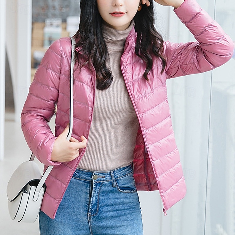 Women's Down Jacket Puffer Jacket Warm Comfortable Zipper Pocket Fashion Modern Casual Plain Going out Weekend Zipper Regular Stand Collar Regular Fit Long Sleeve Outerwear Black Pink Wine Winter2