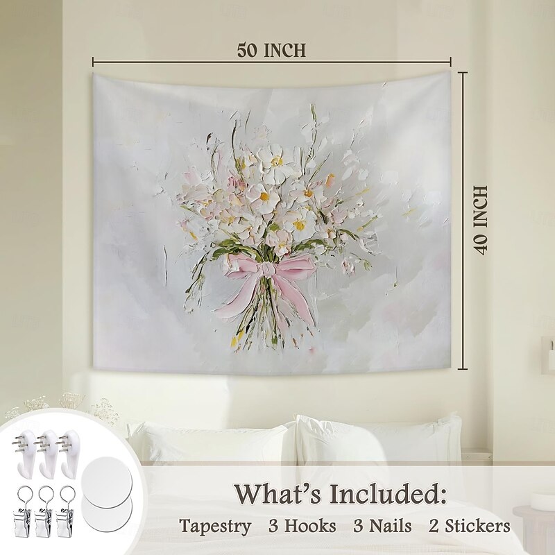 Wildflower Pink Bow Aesthetic Tapestry, Floral Wall Hanging, Neutral Beige Botanical Wall Decor for Girls and Women, Living Room or Bedroom, 50x60 Inch3
