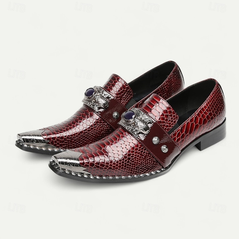 Men's Burgundy Crocodile Pattern Leather Loafers with Metal Buckle and Gemstone Detail, Luxury Dress Shoes for Weddings, Parties and Formal Occasions4