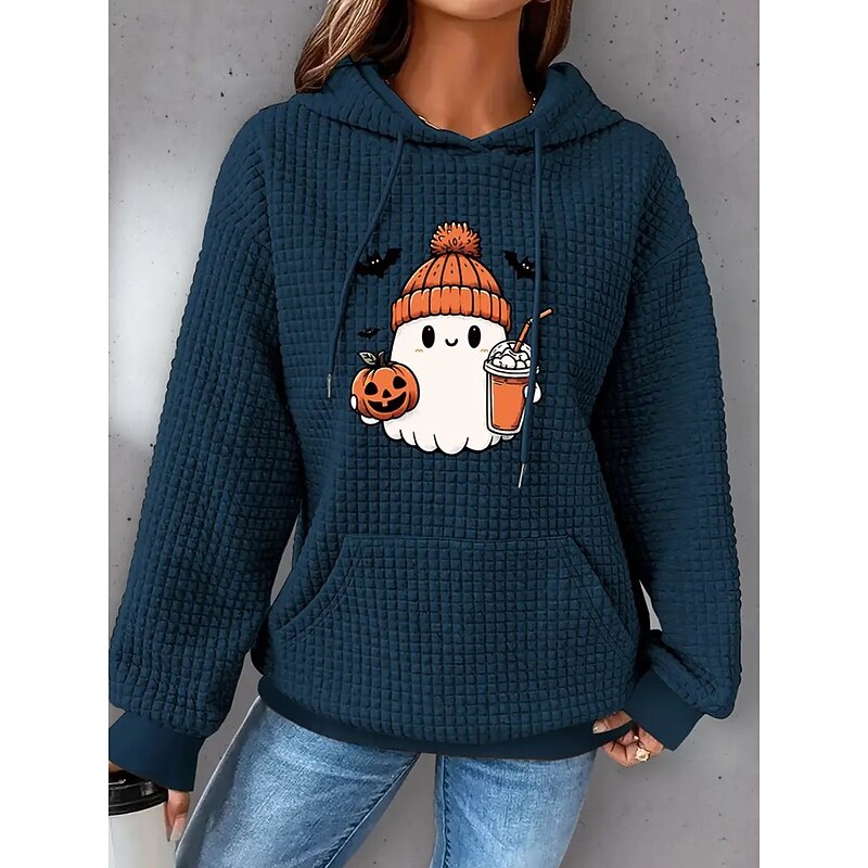 Halloween Women's Hoodies Casual Long Sleeve Hooded Regular Tops Street Dailywear Casual Pocket Print White Dark Blue Gray Fall Winter2